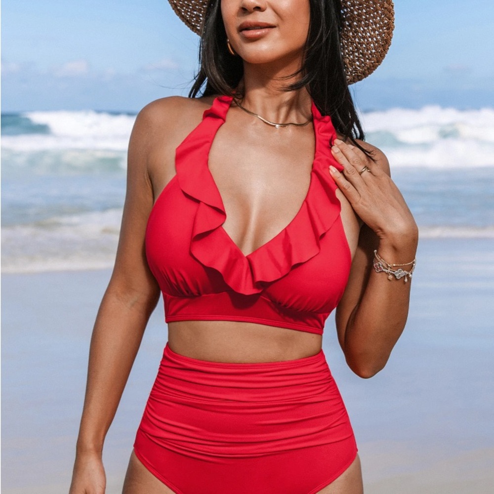 Cupshe Vibrant Red Bikini with Ruffle Detail
